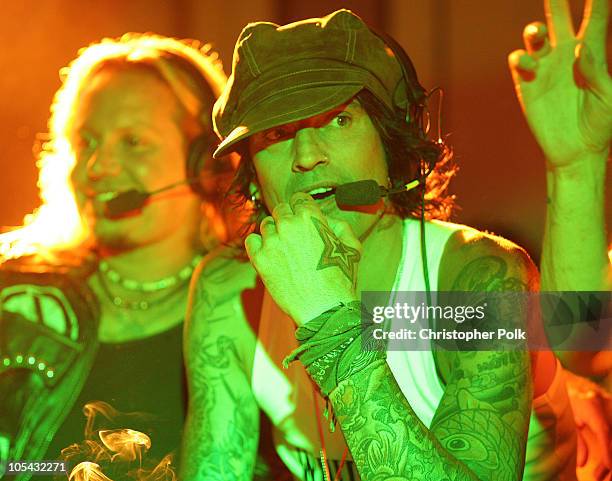 Vince Neil and Tommy Lee of Motley Crue during The 106.7 KROQ "Weenie Roast" Concert 2005 - Backstage at Verizon Wireless Amphitheatre in Irvine,...