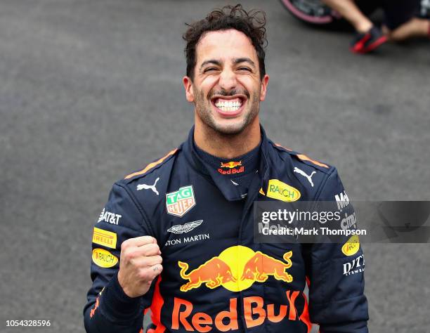 Pole position qualifier Daniel Ricciardo of Australia and Red Bull Racing celebrates in parc ferme during qualifying for the Formula One Grand Prix...