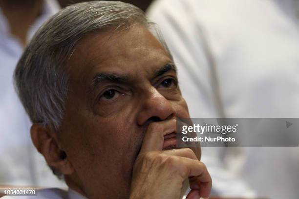 Politically-sacked former Sri Lankan prime minister Ranil Wickramasinghe is seen during a press conference at Temple Trees , Colombo, Sri Lanka. ....