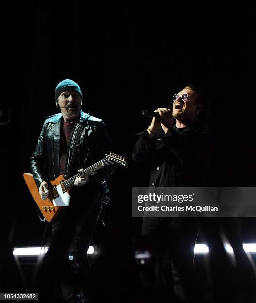 Bono and The Edge perform during the U2 Experience and Innocence tour at SSE Arena Belfast on October 27, 2018 in Belfast, Northern Ireland.