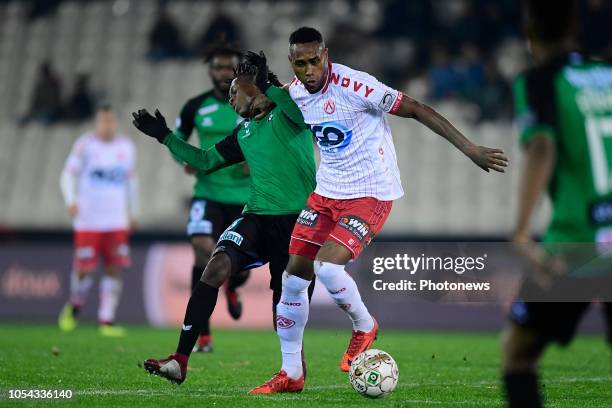 Kanu Rubenilson Dos Santos midfielder of Kortrijk holds off the challenge of Arnaud Lusamba midfielder of Cercle Brugge during the Jupiler Pro League...