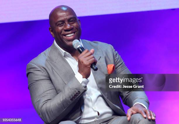 Magic Johnson Enterprises Chairman and CEO Magic Johnson speaks onstage at the SUPERCHARGED Summit By Kwanza Jones At NeueHouse Hollywood on October...