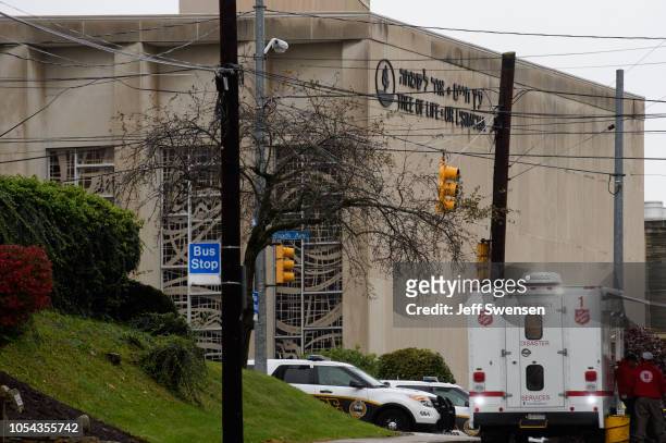 The scene of a mass hooting at the Tree of Life Synagogue in the Squirrel Hill neighborhood on October 27, 2018 in Pittsburgh, Pennsylvania....