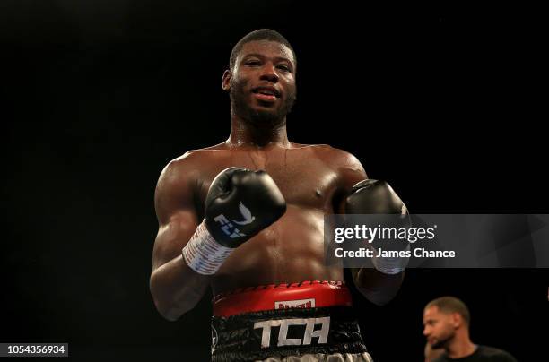 Isaac Chamberlain celebrates victory after the Cruiserweight fight between Isaac Chamberlain and Luke Watkins at Copper Box Arena on October 27, 2018...