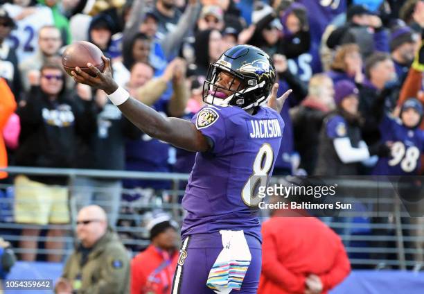 Baltimore Ravens quarterback Lamar Jackson celebrates his touchdown run against the New Orleans Saints on October 21 at M & T Bank Stadium in...