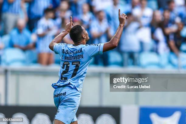 Thonny Anderson of Gremio celebrates their third goal of his team during the match Gremio v Sport Recife as part of Brasileirao Series A 2018, at...