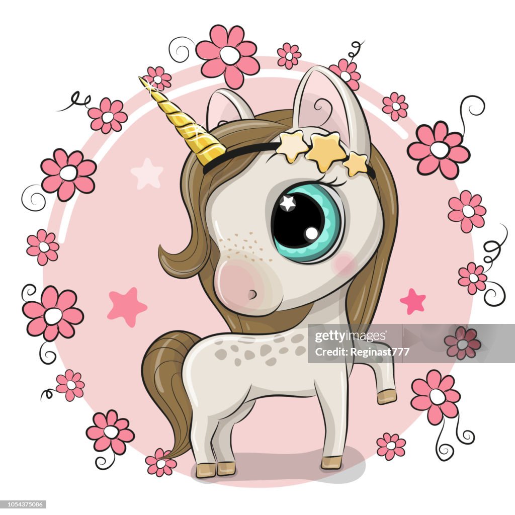 Unicornio De Dibujos Animados Sobre Un Fondo De Flores Ilustración de stock  - Getty Images