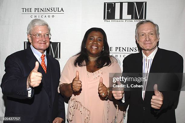 Roger Ebert with wife Chas Ebert and Hugh Hefner during Chicago Organizations Host Party for Roger Ebert at The Peninsula Beverly Hills in Beverly...