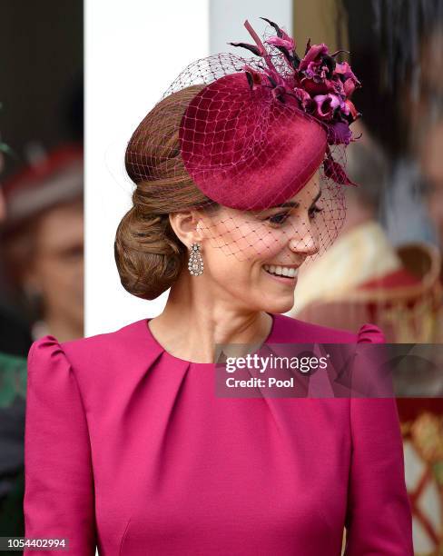 Catherine, Duchess of Cambridge attends the wedding of Princess Eugenie of York and Jack Brooksbank at St George's Chapel on October 12, 2018 in...