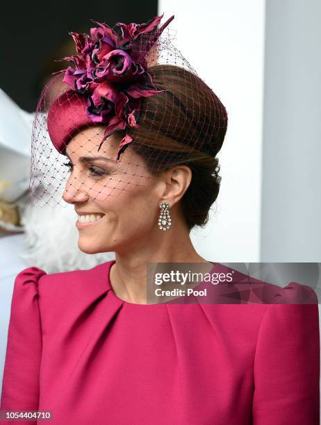 Catherine, Duchess of Cambridge attends the wedding of Princess Eugenie of York and Jack Brooksbank at St George's Chapel on October 12, 2018 in...