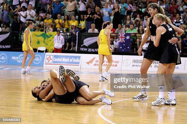 Maria Tutaia and Temepara George of New Zealand celebrate winning the Women Finals Gold medal match between Australia and New Zealand at the...