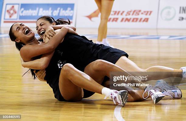 Maria Tutaia and Temepara George of New Zealand celebrate winning the Women Finals Gold medal match between Australia and New Zealand at the...