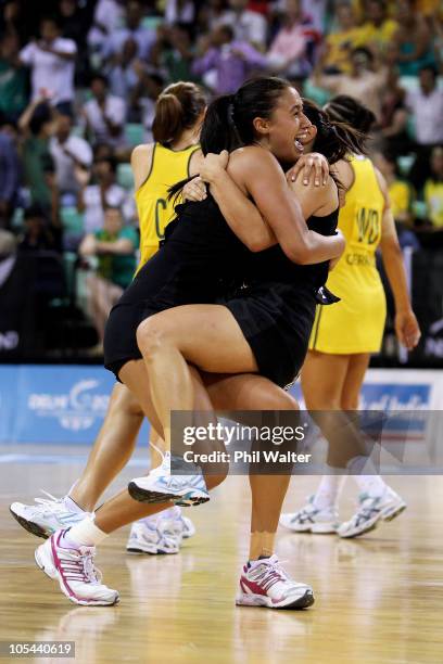 Maria Tutaia and Temepara George of New Zealand celebrate winning the Women Finals Gold medal match between Australia and New Zealand at the...