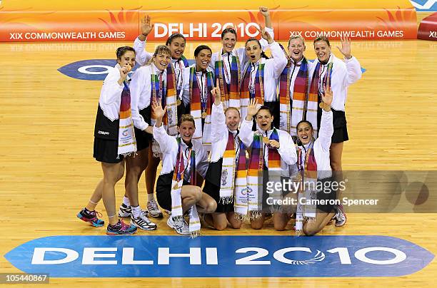 Gold medalists New Zealand pose during the medal ceremony for the Women Finals Gold medal match between Australia and New Zealand at the Thyagaraj...