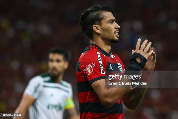 Lucas Paqueta of Flamengo reacts during a match between Flamengo and Palmeiras as part of Brasileirao Series A 2018 at Maracana Stadium on October...