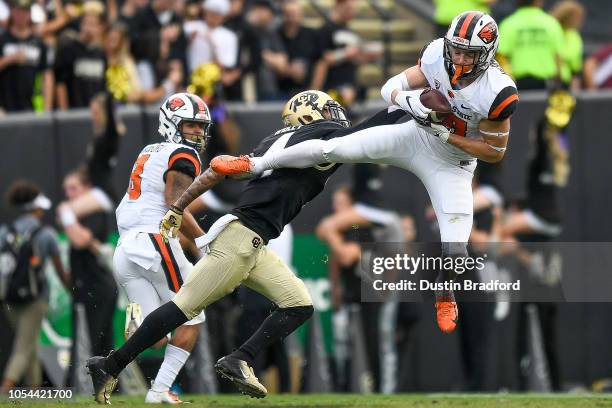 Wide receiver Timmy Hernandez of the Oregon State Beavers catches a pass in the third quarter of a game against the Colorado Buffaloes at Folsom...