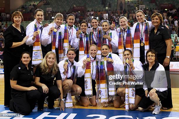 Gold medalists New Zealand pose during the medal ceremony for the Women Finals Gold medal match between Australia and New Zealand at the Thyagaraj...