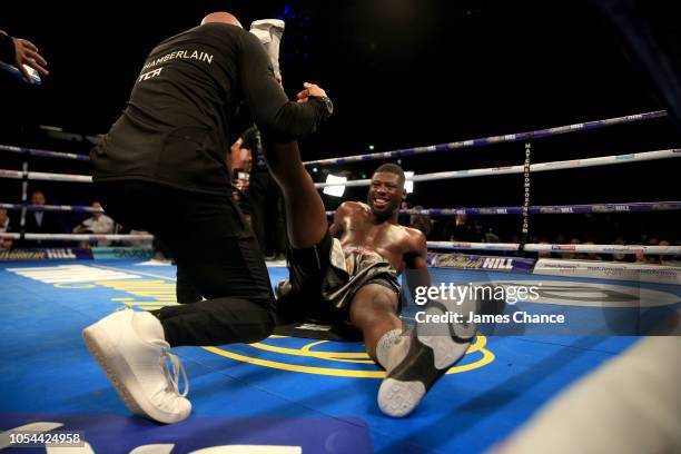 Isaac Chamberlain recives treatment for a injury after the Cruiserweight fight between Isaac Chamberlain and Luke Watkins at Copper Box Arena on...