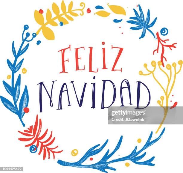 feliz navidad greeting design with hand drawn text and wreath with variety of branches - feliz navidad stock illustrations