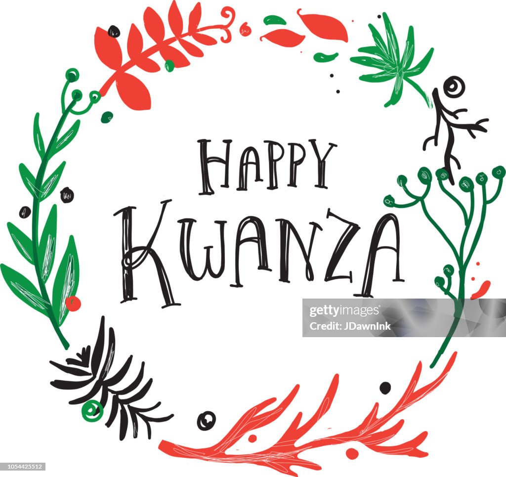 Happy Kwanza greeting design with hand drawn text and wreath with variety of branches