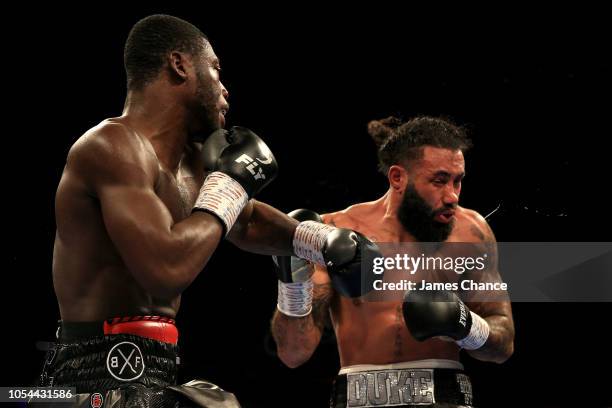 Isaac Chamberlain punches Luke Watkins during the Cruiserweight fight between Isaac Chamberlain and Luke Watkins at Copper Box Arena on October 27,...