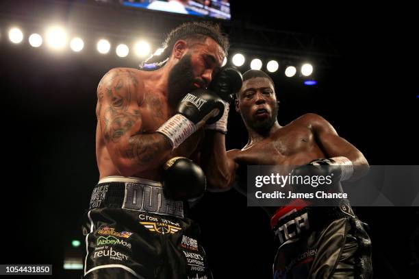 Isaac Chamberlain and Luke Watkins exchange punches during the Cruiserweight fight between Isaac Chamberlain and Luke Watkins at Copper Box Arena on...