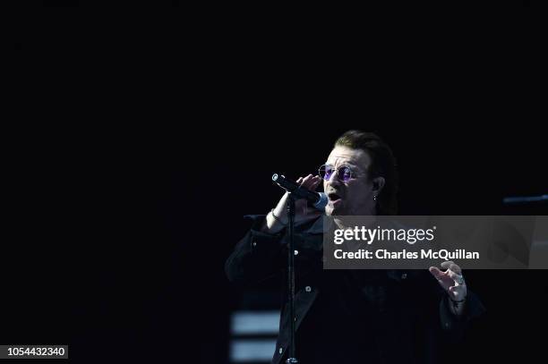 Bono, lead singer with U2 performs during the Experience and Innocence tour at SSE Arena Belfast on October 27, 2018 in Belfast, Northern Ireland.