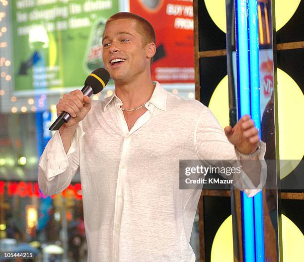 Brad Pitt during Brad Pitt and Eric Bana Visit MTV's "TRL" - May 3, 2004 at MTV Studios, Times Square in New York City, New York, United States.