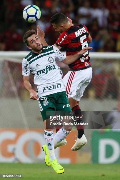 Rene of Flamengo struggles for the ball with Hyoran of Palmeiras during a match between Flamengo and Palmeiras as part of Brasileirao Series A 2018...