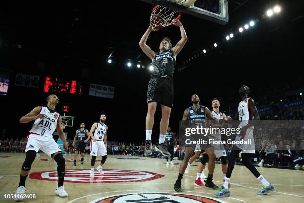 Finn Delany of the NZ Breakers shoots during the round three NBL match between the New Zealand Breakers and the Adelaide 36ers at Spark Arena on...