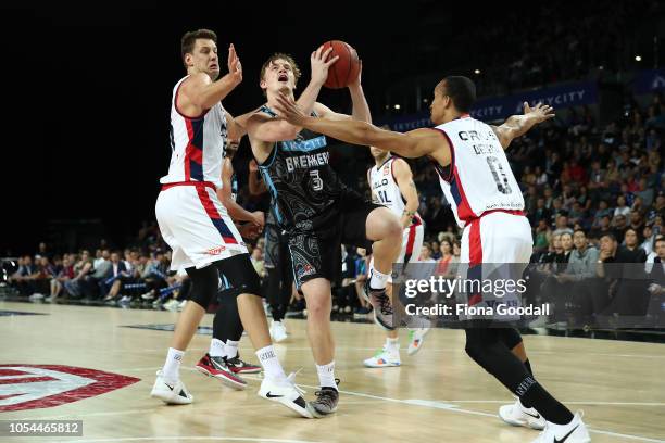 Finn Delany of the NZ Breakers takes a shot during the round three NBL match between the New Zealand Breakers and the Adelaide 36ers at Spark Arena...