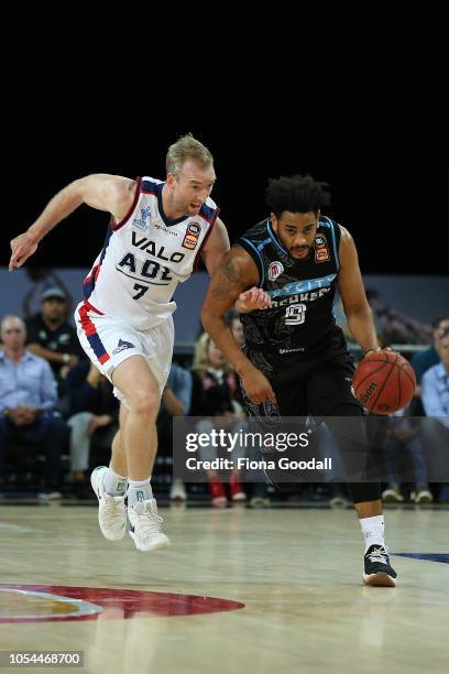 Corey Webster of the NZ Breakers is marked by Brendan Teys of the Adelaide 36ers during the round three NBL match between the New Zealand Breakers...