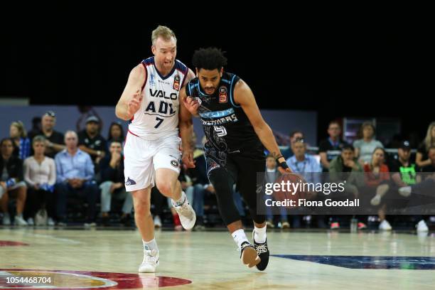 Corey Webster of the NZ Breakers is marked by Brendan Teys of the Adelaide 36ers during the round three NBL match between the New Zealand Breakers...