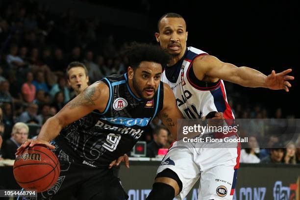 Corey Webster of the NZ Breakers is marked by Adris Deleon of the Adelaide 36ers during the round three NBL match between the New Zealand Breakers...