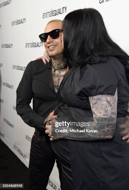 Rafael Reyes and honoree Kat Von D arrive at the Animal Equality Inspiring Global Action Gala at The Beverly Hilton Hotel on October 27, 2018 in...