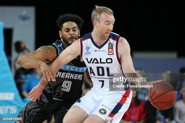 Corey Webster of the NZ Breakers marks Brendan Teys of the Adelaide 36ers during the round three NBL match between the New Zealand Breakers and the...