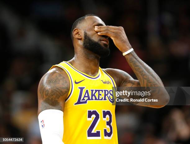 LeBron James of the Los Angeles Lakers reacts after a turnover against the San Antonio Spurs at AT&T Center on October 27 , 2018 in San Antonio,...