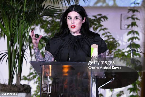 Kat Von D accepts the 2018 Animal Hero Award onstage at the Animal Equality Inspiring Global Action Gala at The Beverly Hilton Hotel on October 27,...