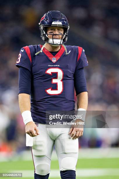 Brandon Weeden of the Houston Texans warming up before a game against the Dallas Cowboys at NRG Stadium on October 7, 2018 in Houston, Texans. The...