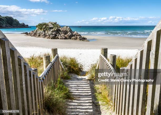 this way to the beach. - mount maunganui stock pictures, royalty-free photos & images