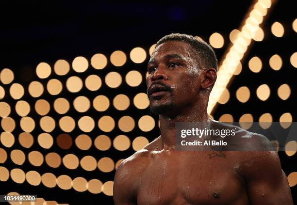 Daniel Jacobs looks on against Sergiy Derevyanchenko during their IBF middleweight title fight at Madison Square Garden on October 27, 2018 in New...