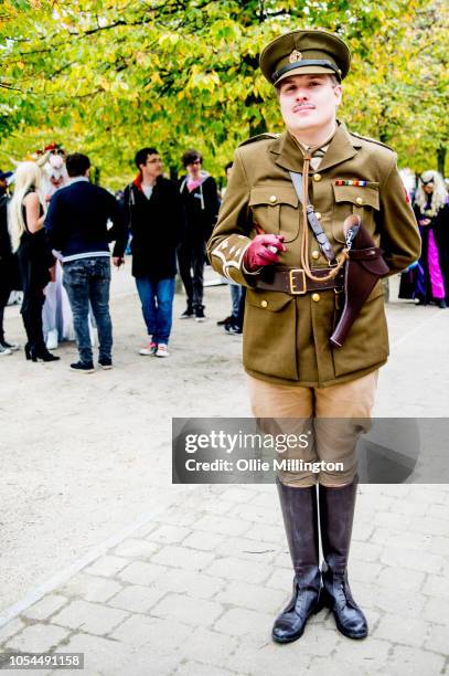 Cosplayer in character as aCaptain Edmund Blackadder from Blackadder 4 seen during Day 2 of MCM London Comic Con 2018 at ExCel on October 27, 2018 in...