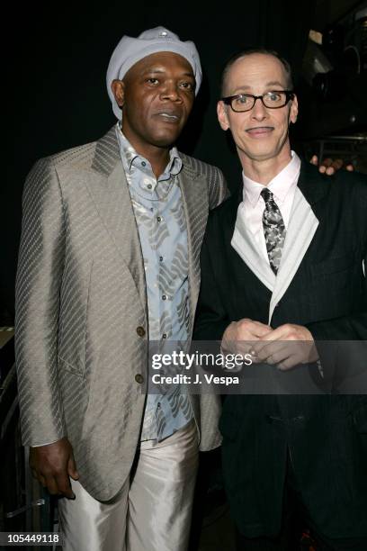 Samuel L. Jackson, host, and John Waters during The 20th Annual IFP Independent Spirit Awards - Green Room in Santa Monica, California, United States.