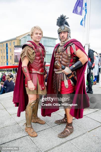 Cosplayers in character as Roman Centurians seen during Day 2 of MCM London Comic Con 2018 at ExCel on October 27, 2018 in London, England.