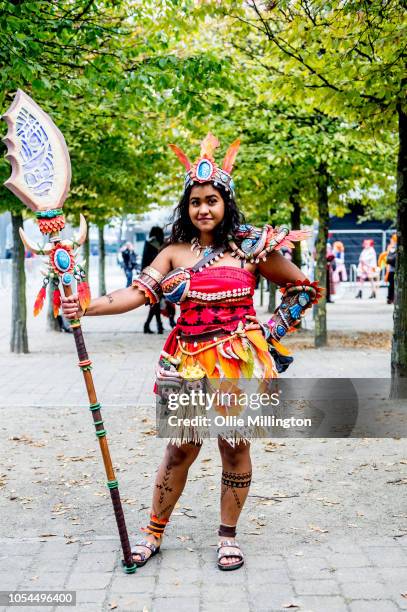 Cosplayer in character as Disney character Moana seen during Day 2 of MCM London Comic Con 2018 at ExCel on October 27, 2018 in London, England.