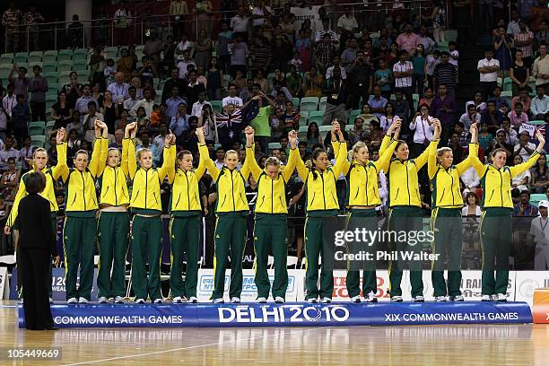 Silver medalists Australia pose during the medal ceremony for the Women Finals Gold medal match between Australia and New Zealand at the Thyagaraj...