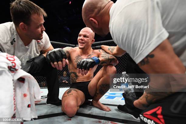 Anthony Smith celebrates after his submission victory over Volkan Oezdemir of Switzerland in their light heavyweight bout during the UFC Fight Night...