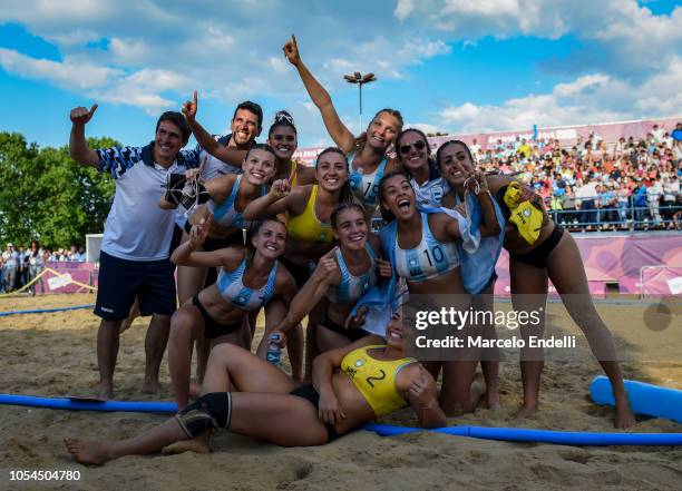 Players of Argentina celebrate after winning the Women's Gold Medal Match against Croatia during day 7 of Buenos Aires 2018 Youth Olympic Games at...