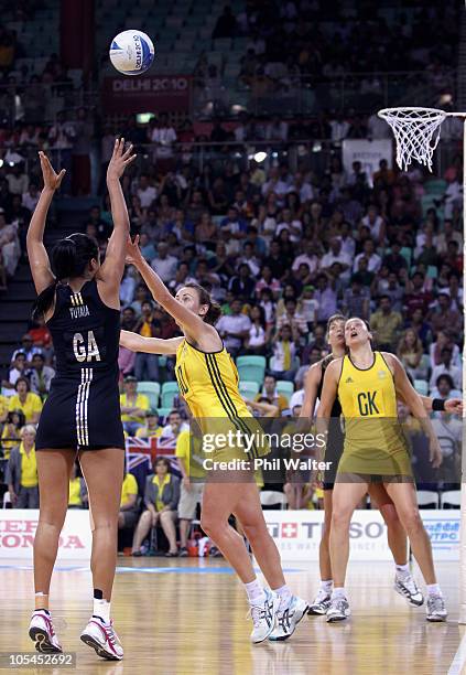 Maria Tutaia of New Zealand shoots the match winning goal to win the Women Finals Gold medal match between Australia and New Zealand at the Thyagaraj...