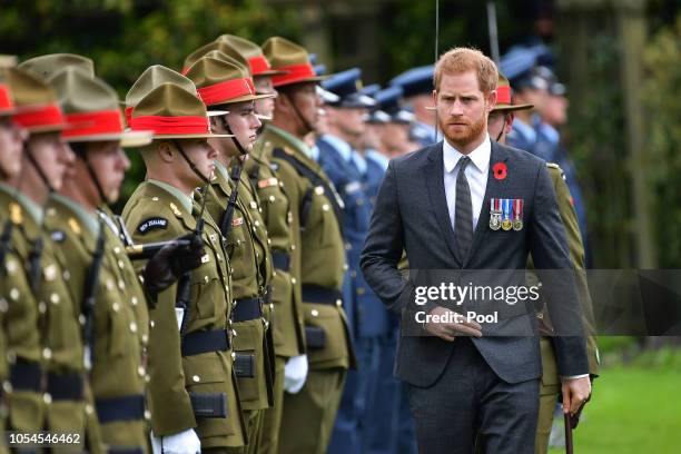 Prince Harry, Duke of Sussex, inspects the Honour Guard during the official welcoming ceremony at Government House on October 28, 2018 in Wellington,...